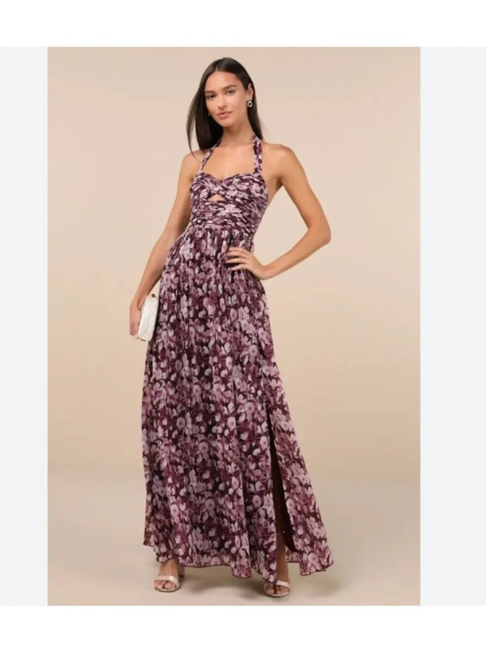 Lulu's Plum Floral Halter Maxi Dress - Picture 1 of 5